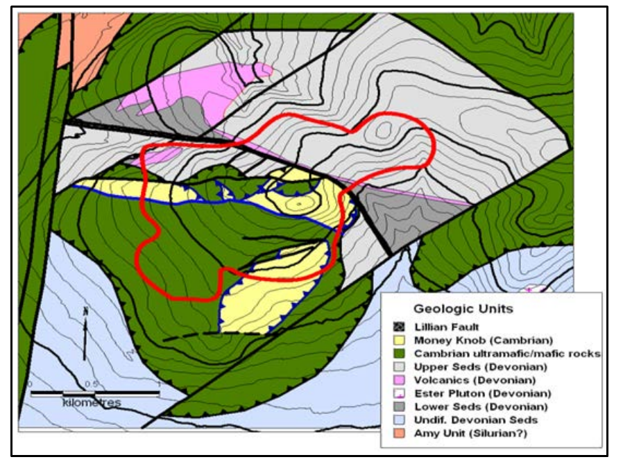 Generalized geologic map of the Money Knob area based on geologic work by THM