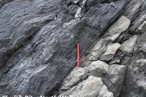 Sheared graphitic sedimentary rocks of the Kumasi basin in contact with altered mafic volcanic lenses