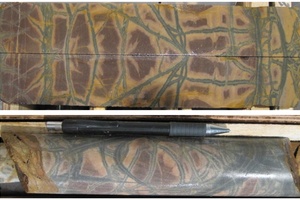 Внешняя зона осветления вокруг сероцветных метасоматитов по песчаникам олонноконской свиты