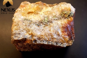McKenzie gold project specimen. Visible gold in quartz vein