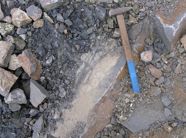 Контакт дайки монцодиорит-порфиритов с вулканитами