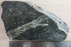 Сплошные магнетитовые руды с гнездами и прожилками кальцита, скарновых минералов