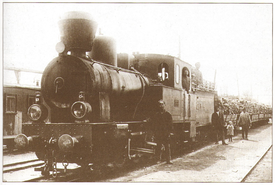 Первые паровозы «Керр Стюарт» с составом крепежного леса для приисков на Бодайбинской железной дороге.  Фото начала XX века.