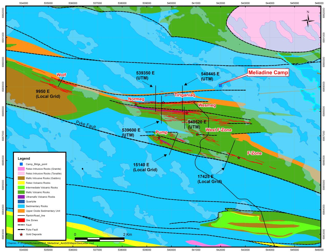 Local geology map showing the Tiriganiaq, Normeg, Wesmeg, F-Zone, Pump and Wolf deposits.