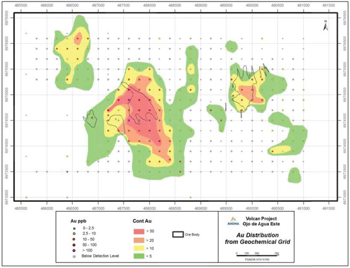 OdAE Soil Geochemical Survey showing Gold Anomalous Zones