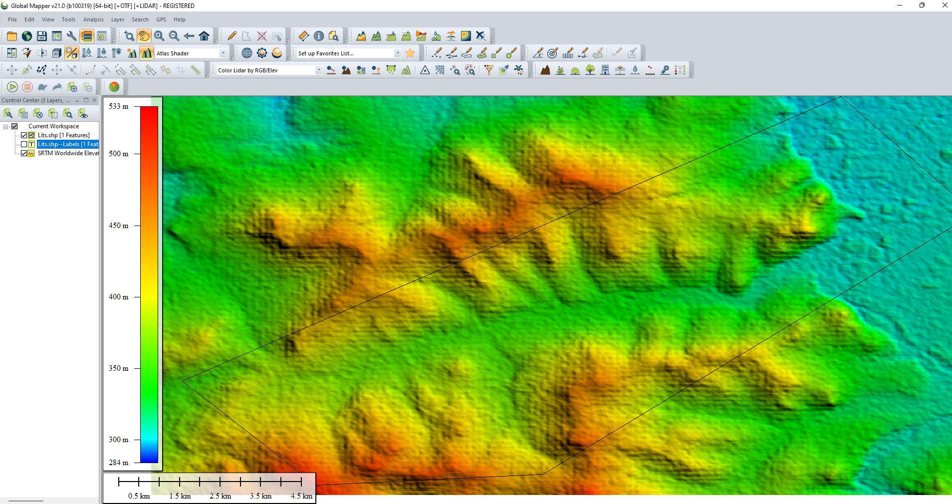 данные SRTM в окне программы Global Mapper