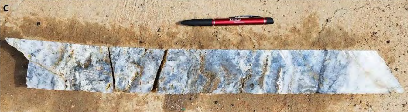 Drill core from Alta Gracia showing banded white to dark-gray quartz