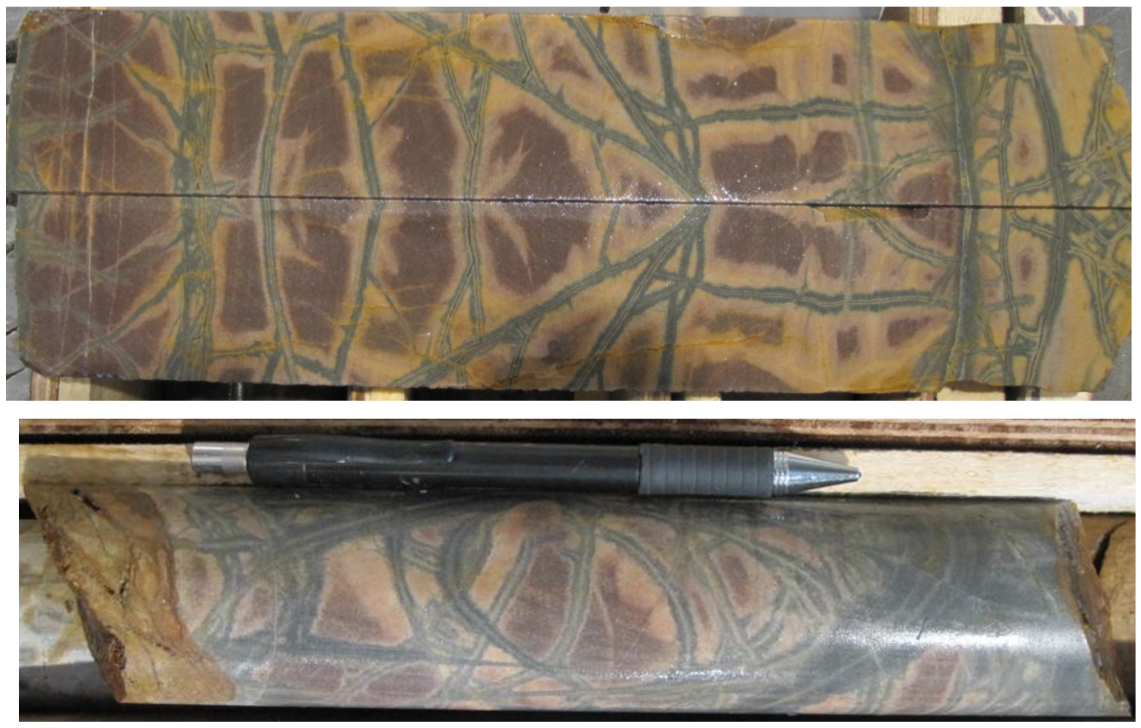 Внешняя зона осветления вокруг сероцветных метасоматитов по песчаникам олонноконской свиты