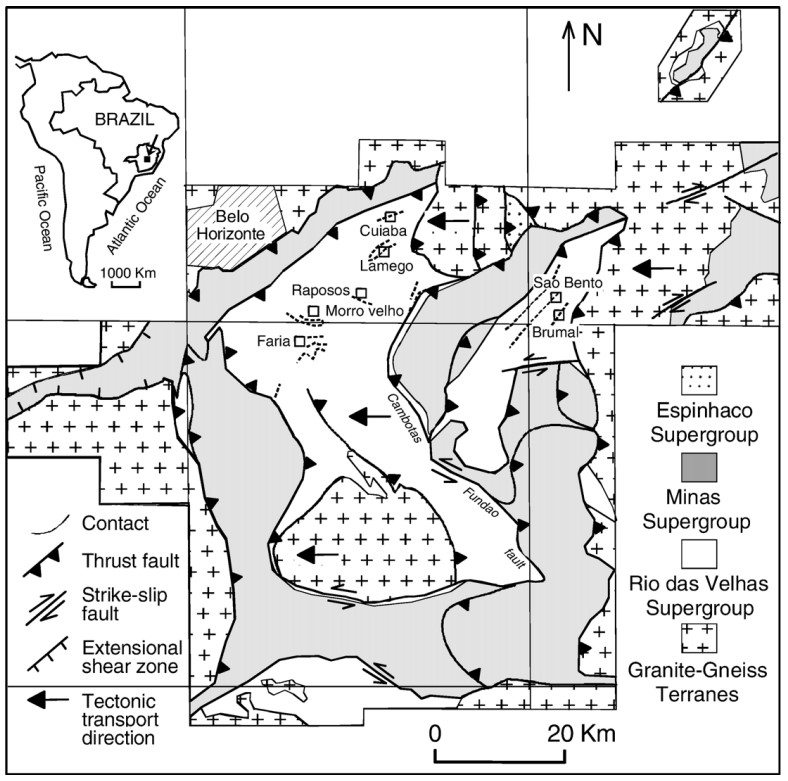 Simplified geologic-structural map of the Quadrilátero Ferrífero